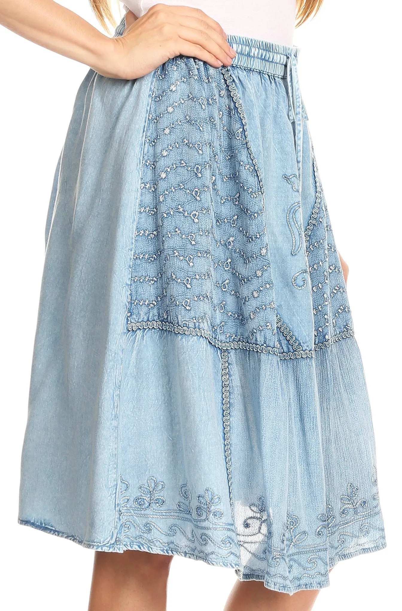 Sakkas Beyza  Casual Peasant Mid Skirt with Elastic Waist Embroidery and Eyelet