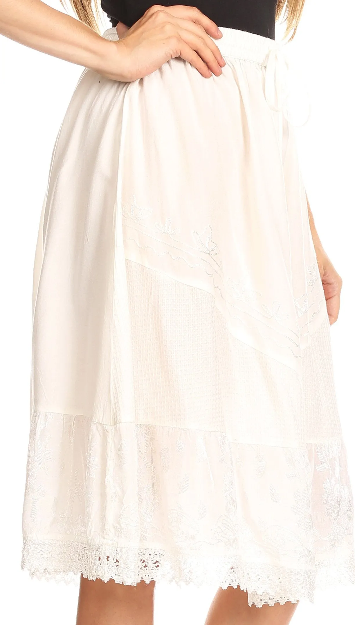 Sakkas Beyza  Casual Peasant Mid Skirt with Elastic Waist Embroidery and Eyelet