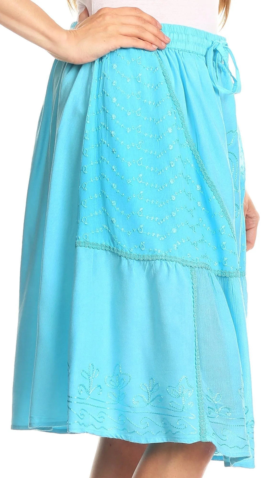 Sakkas Beyza  Casual Peasant Mid Skirt with Elastic Waist Embroidery and Eyelet