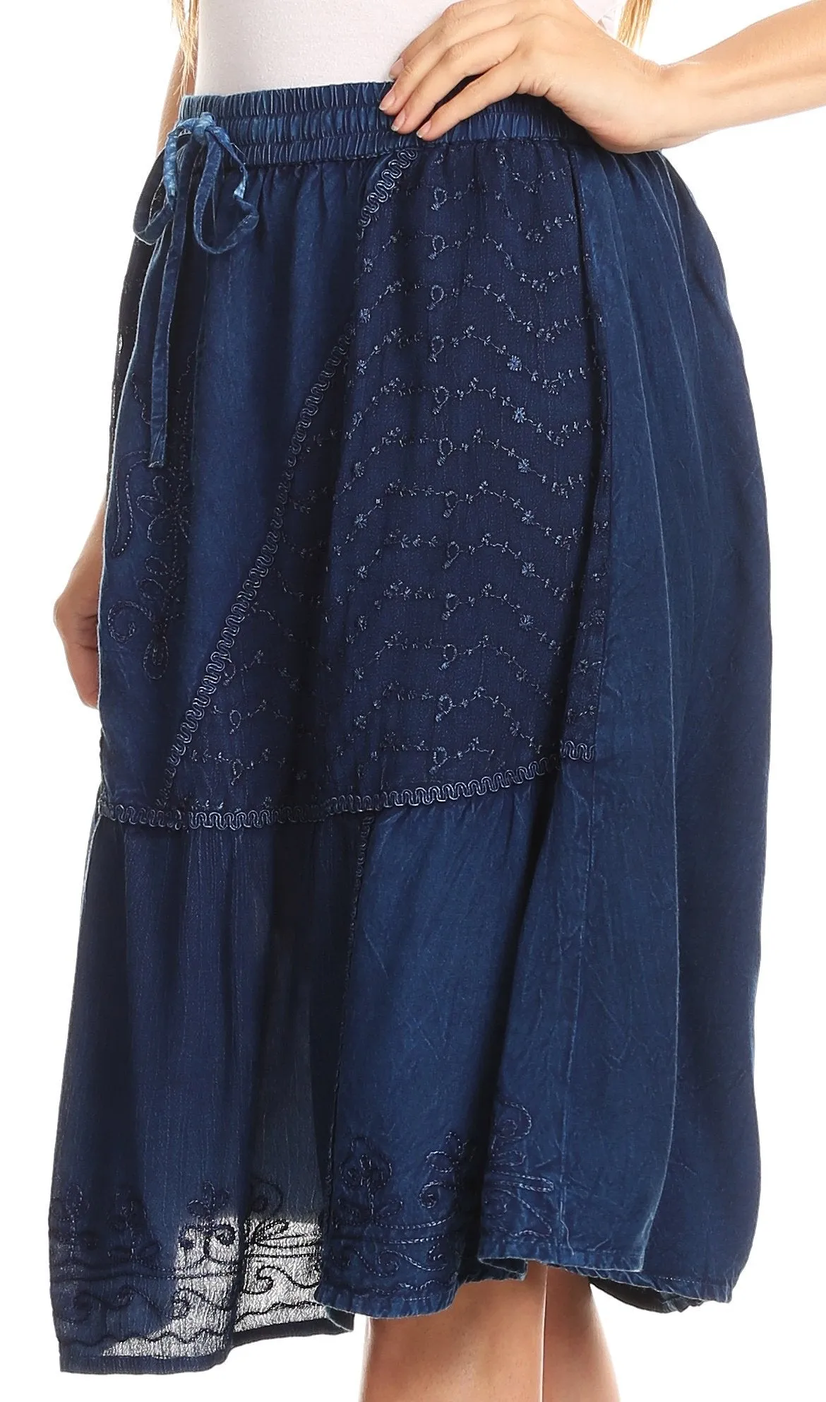 Sakkas Beyza  Casual Peasant Mid Skirt with Elastic Waist Embroidery and Eyelet