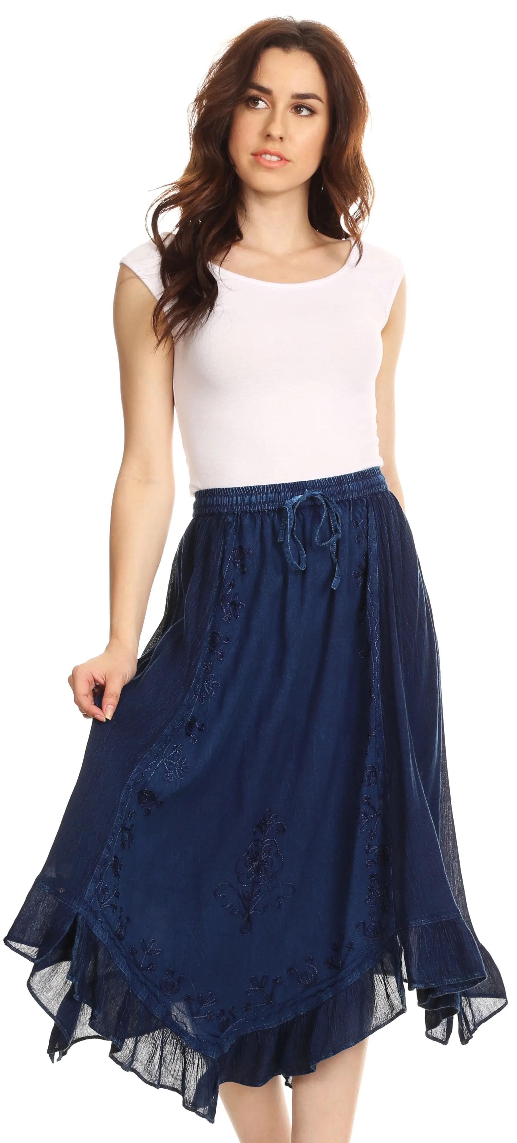 Sakkas Lucia Handkerchief Ruffled mid Length Casual Skirt with Embroidery