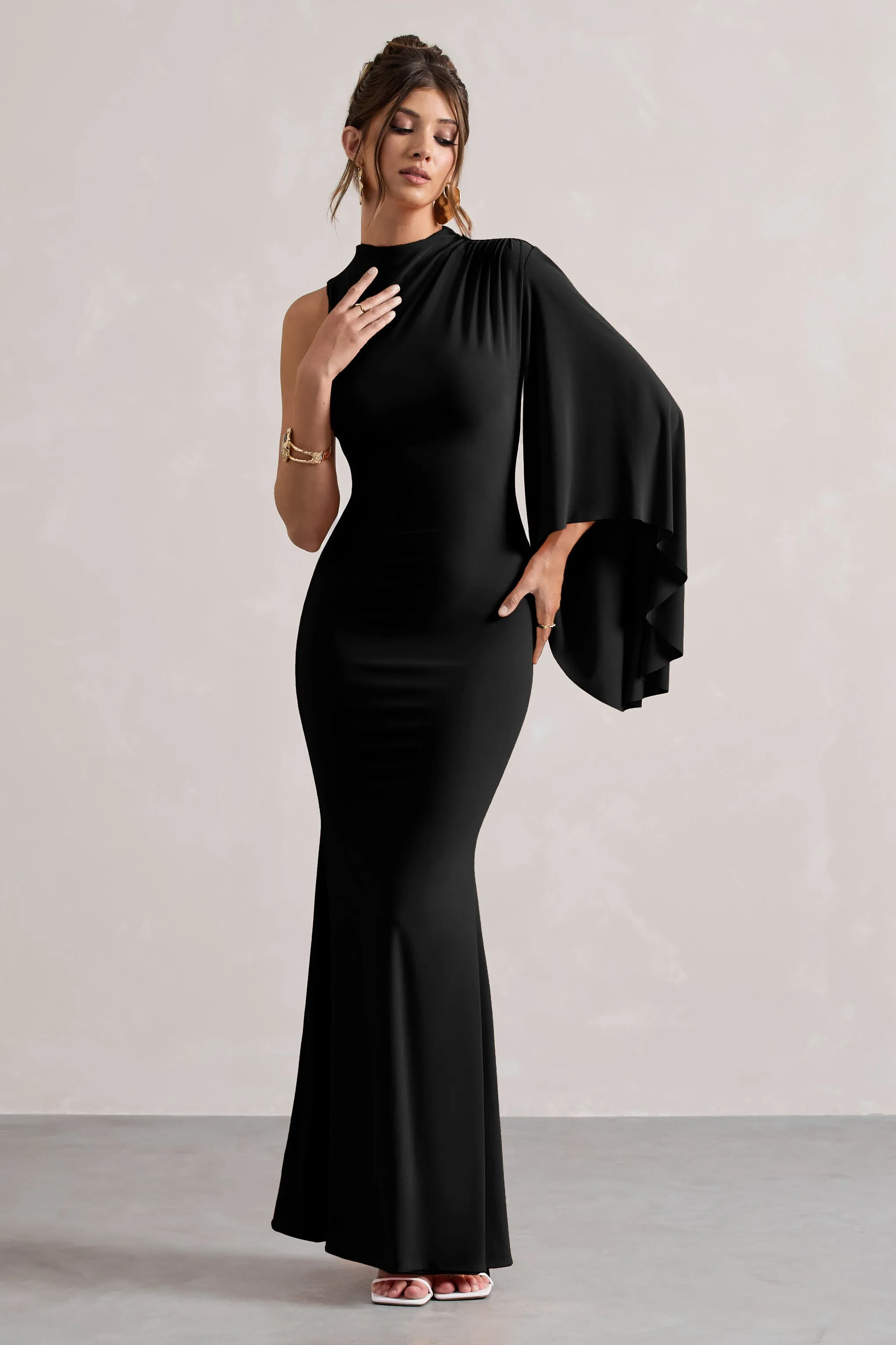 Samaya | Black High-Neck Cape-Sleeve Maxi Dress