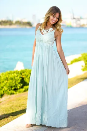 Seafoam Lace Maxi Dress with Open Back and Frayed Hem