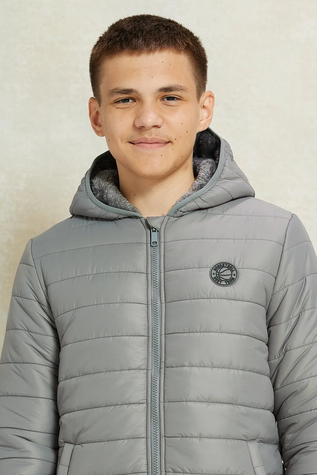 Senior Boys Charcoal Puffer Jacket With Sherpa Lining