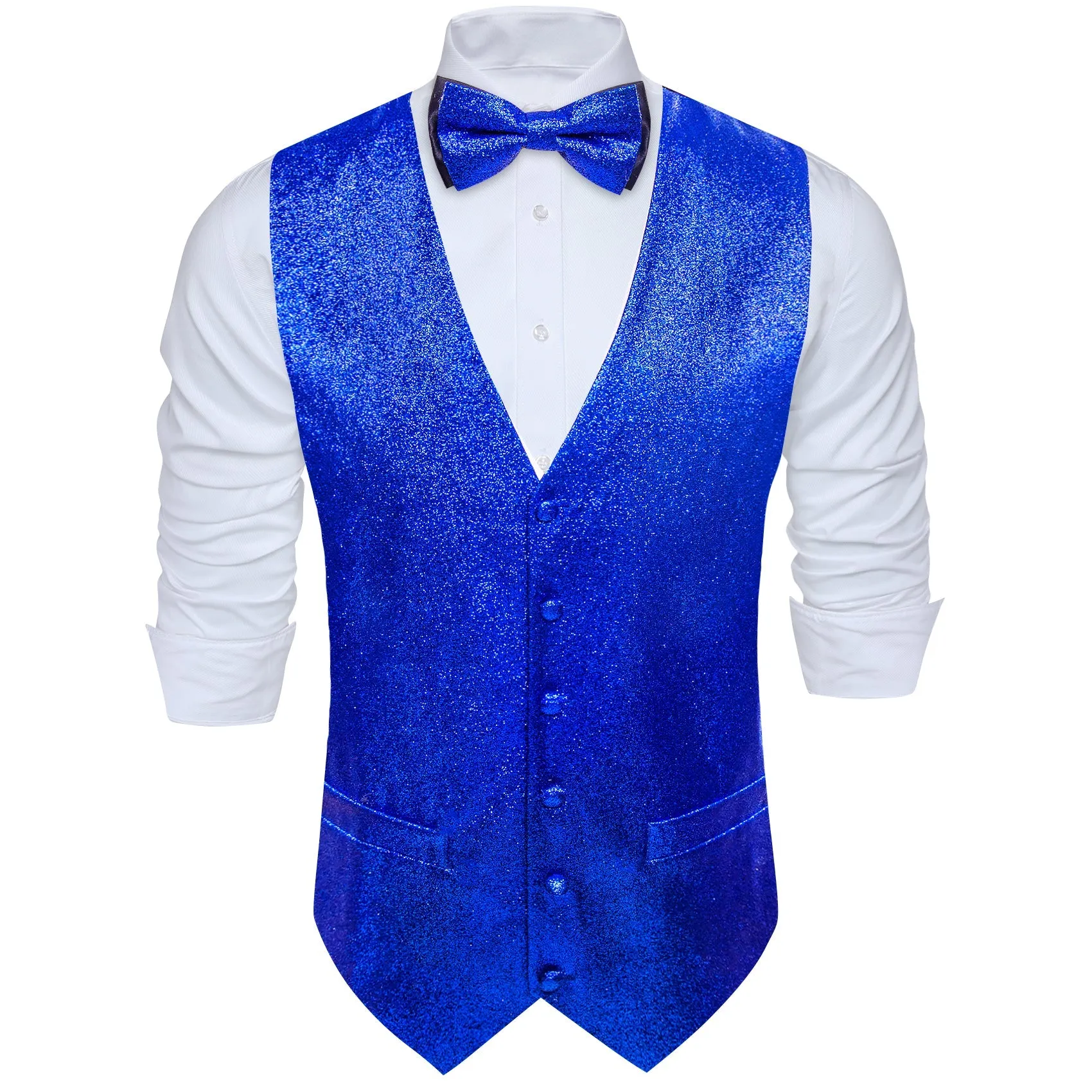 Shining Blue Glitter Solid Jacquard Silk Men's Vest Bow Tie Set Waistcoat Suit Set