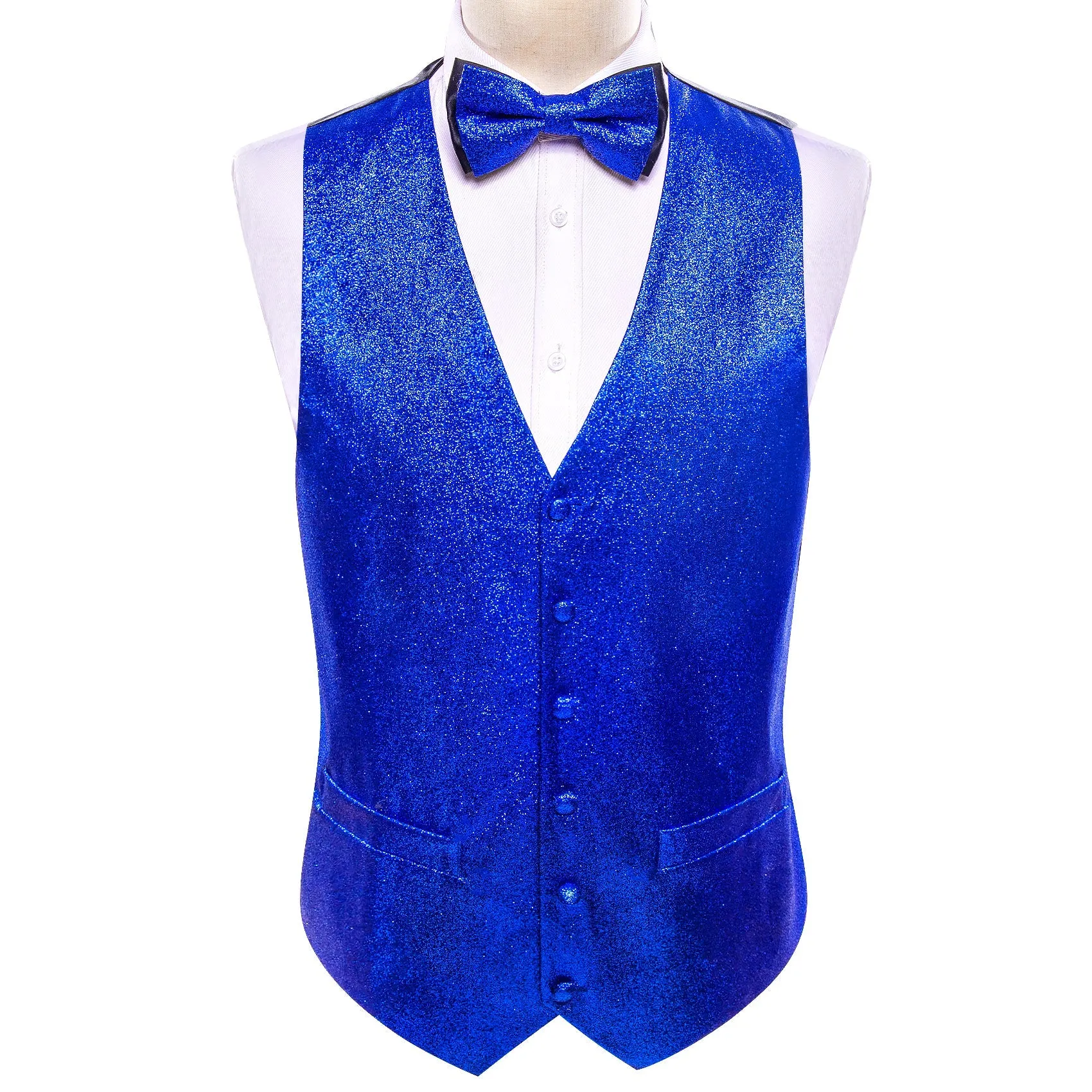 Shining Blue Glitter Solid Jacquard Silk Men's Vest Bow Tie Set Waistcoat Suit Set