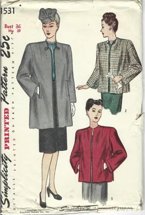 Simplicity 1531 Ladies Three Quarter Length Short Coat Vintage Sewing Pattern 1940s