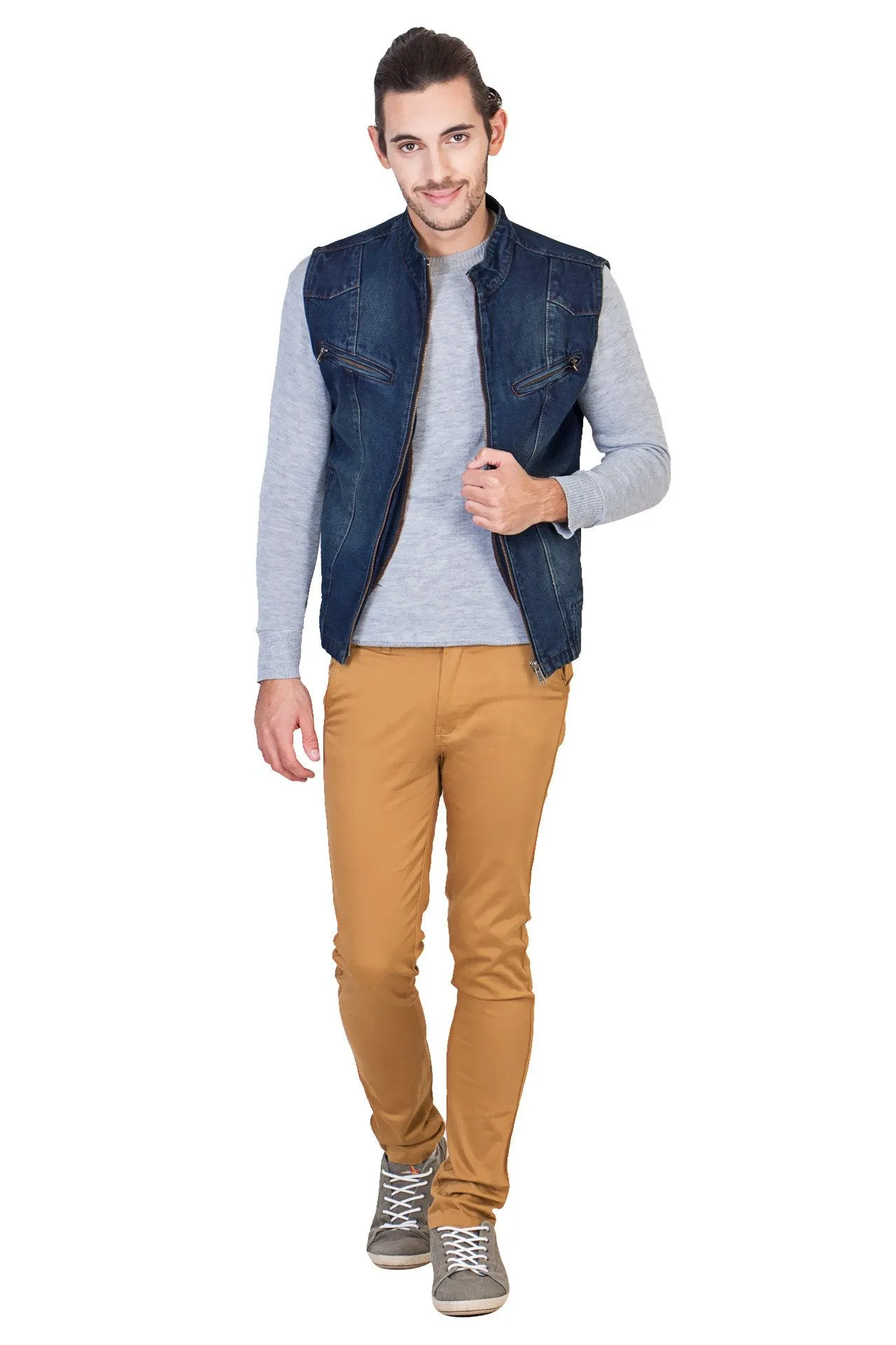 Sleeveless Dark Blue Men's Denim Jacket with Zipper