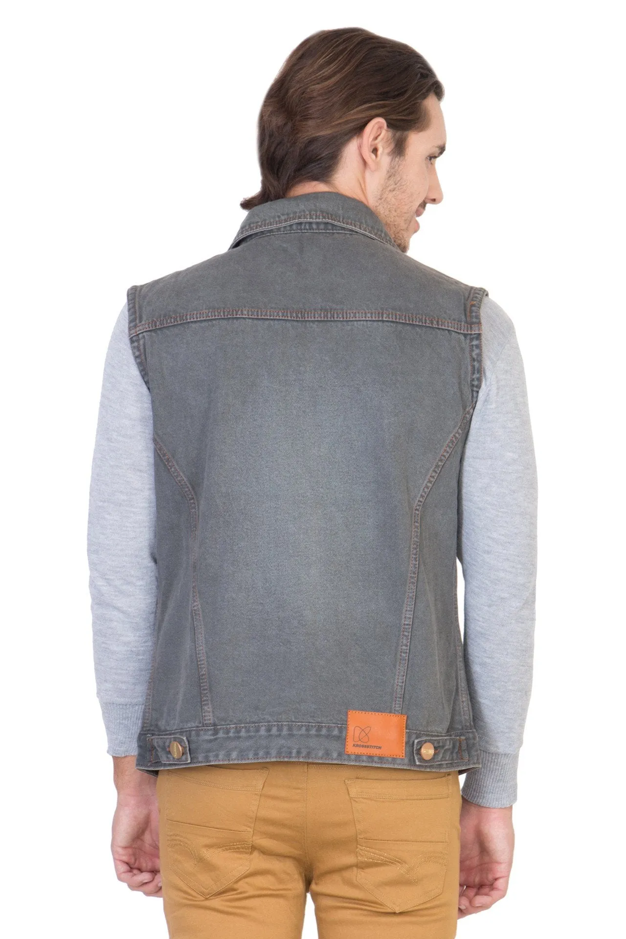 Sleeveless Tinted Grey Men's Denim Jacket with Brass Button