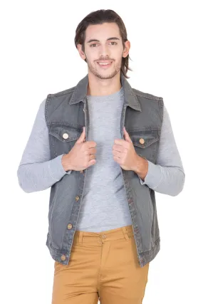 Sleeveless Tinted Grey Men's Denim Jacket with Brass Button