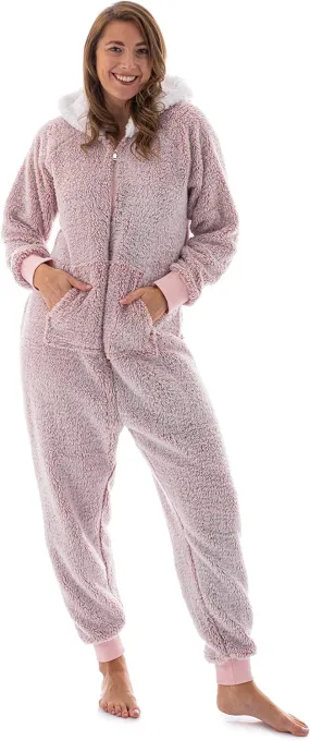 Soft Teddy Fleece Onesie Pajamas for Women, Medium Pink