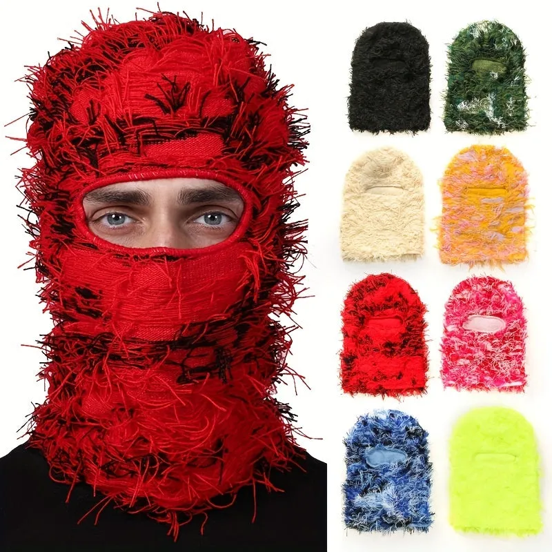 Solid Color Distressed Balaclava Mask, Full Face Cover Windproof Thermal Ski Mask, Outdoor Halloween Style Knit Headgear