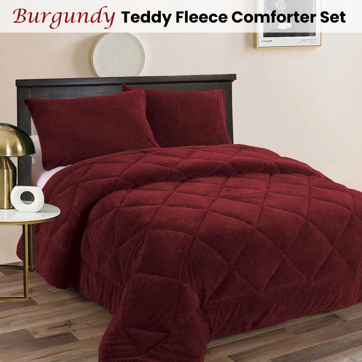 Teddy Fleece 3 Pcs Comforter Set Burgundy Queen