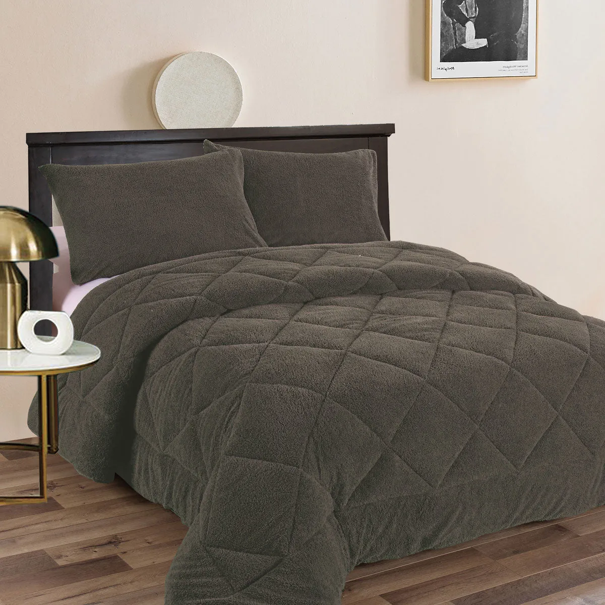 Teddy Fleece 3 Pcs Comforter Set Charcoal King