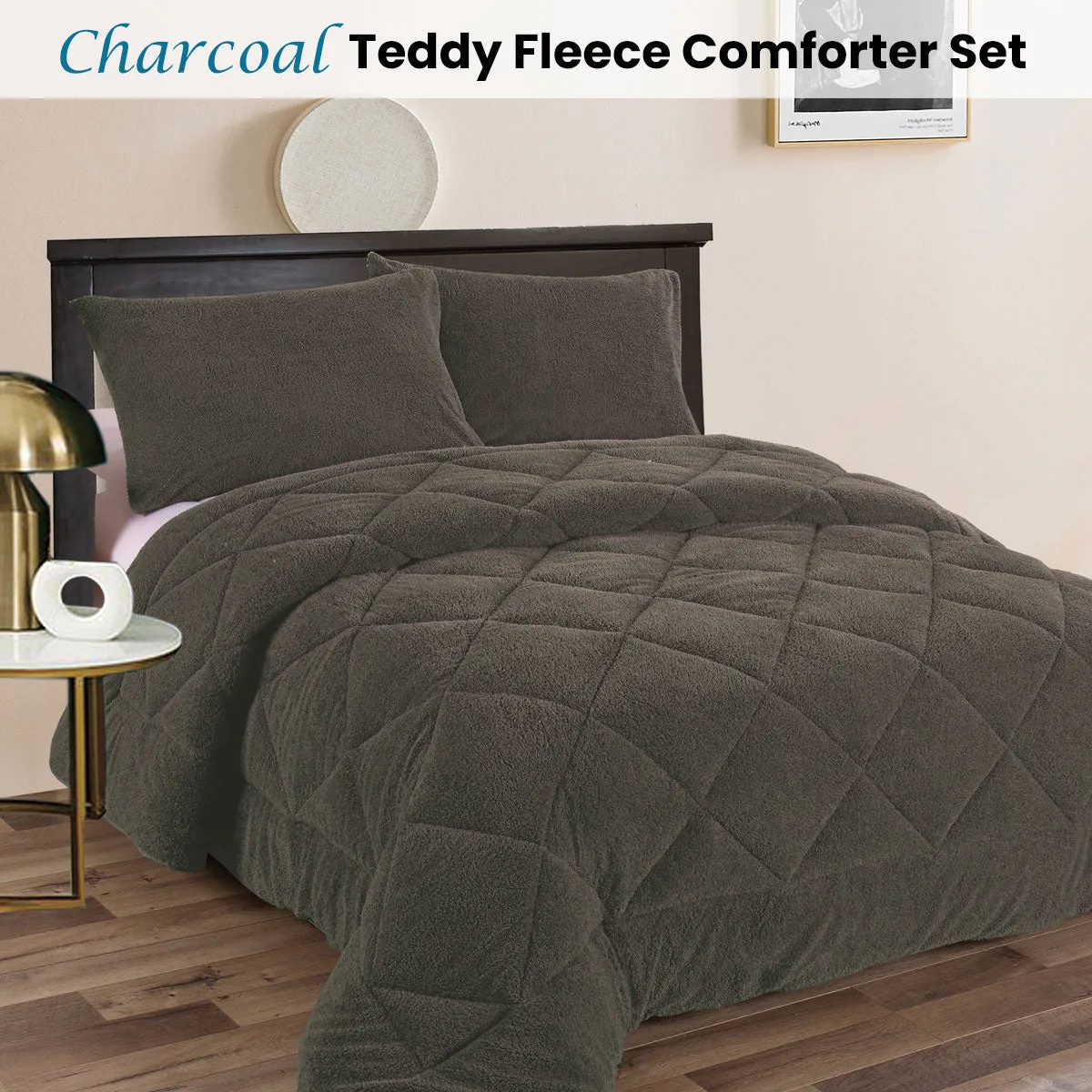 Teddy Fleece 3 Pcs Comforter Set Charcoal King