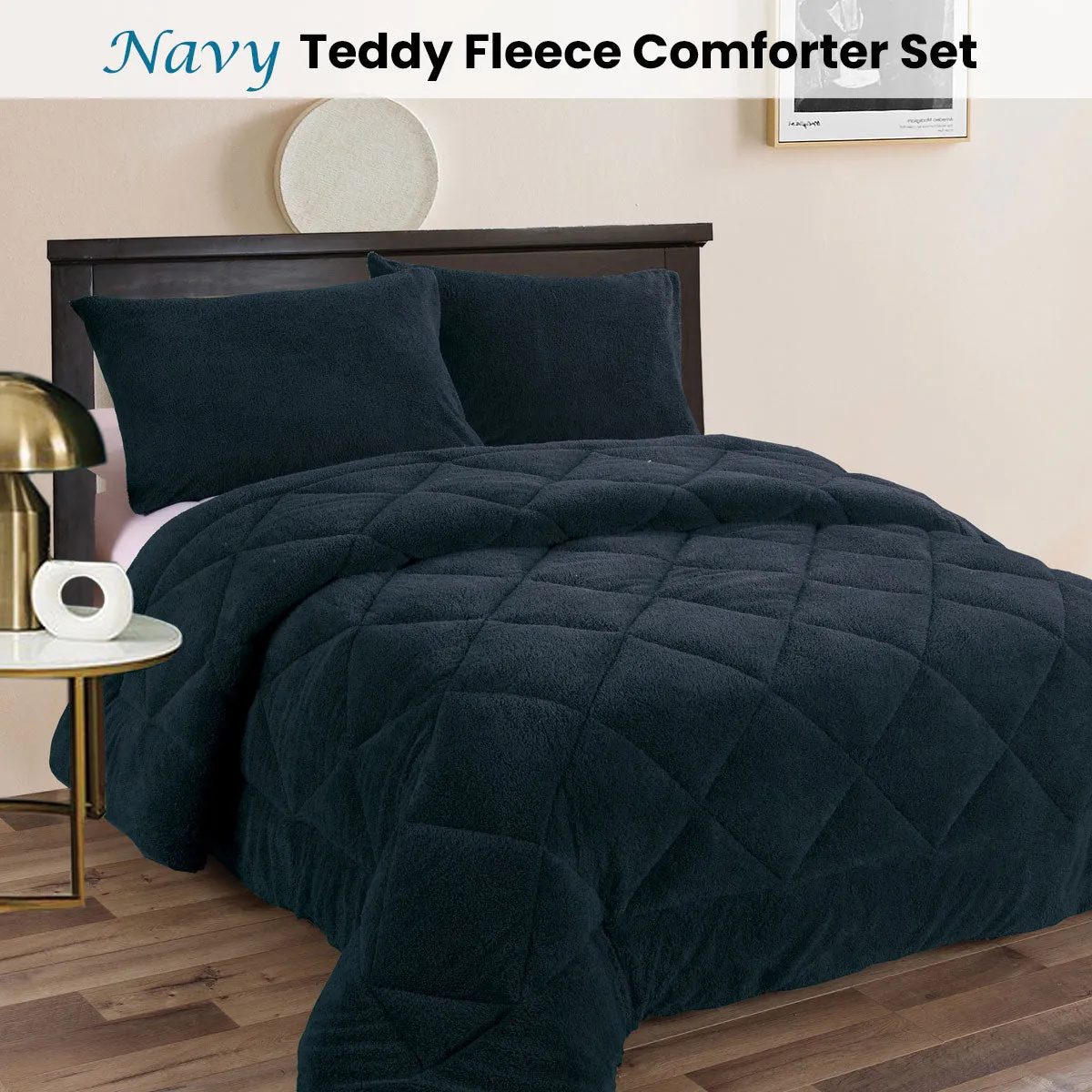 Teddy Fleece 3 Pcs Comforter Set Navy Queen