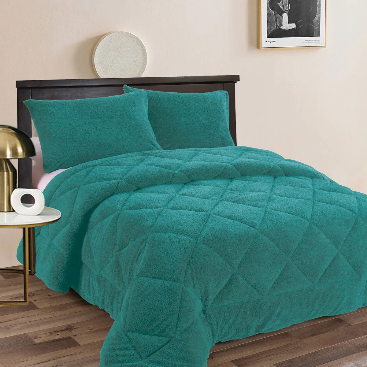 Teddy Fleece 3 Pcs Comforter Set Teal Queen