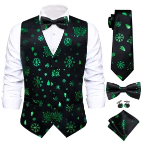 Ties2you Men's Vest Black Green Christmas Elements Silk Vest Necktie Bow Tie Handkerchief Cufflinks Set