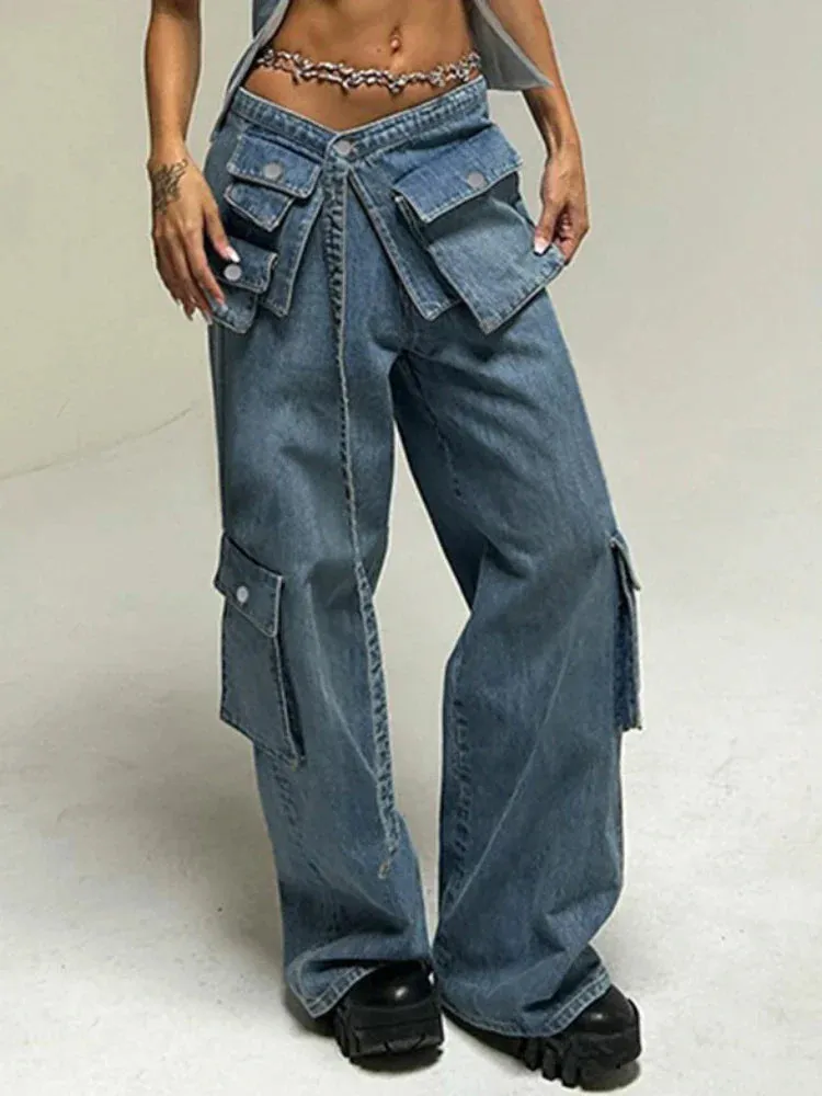 Up Casual High Baggy Oversized Street Denim Blue Pockets Waisted Bandage Lace Pants