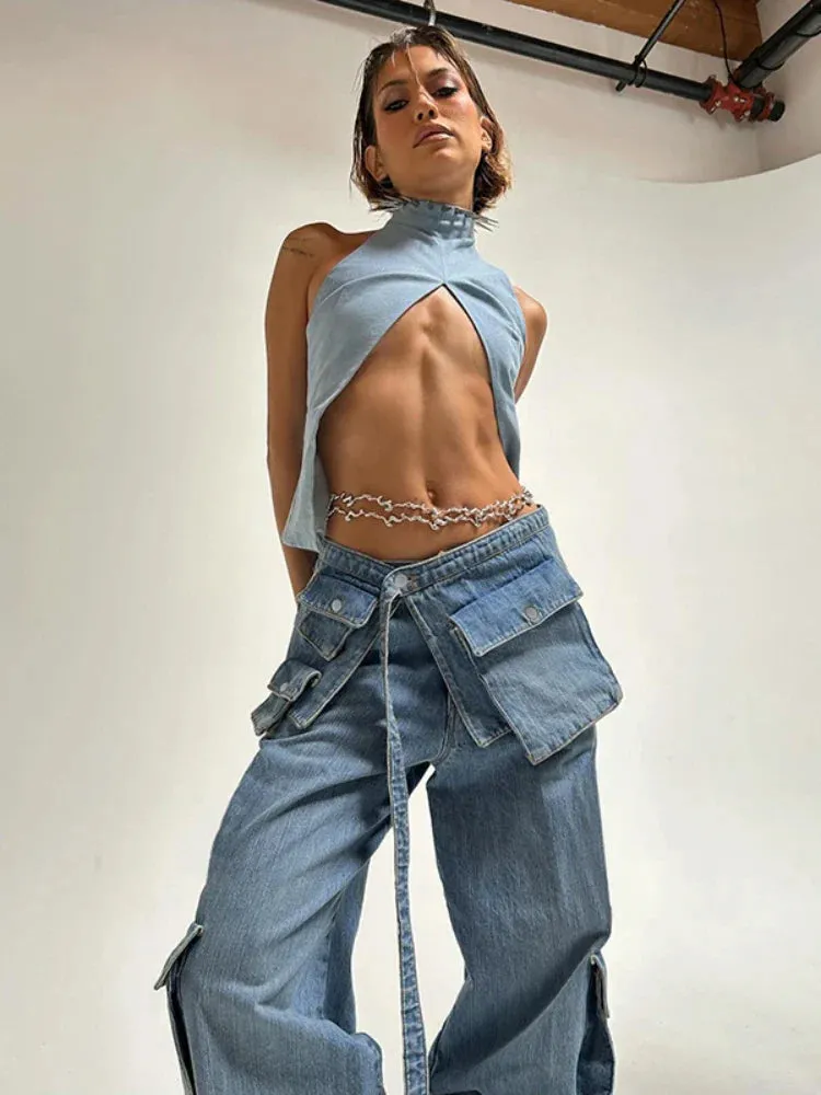 Up Casual High Baggy Oversized Street Denim Blue Pockets Waisted Bandage Lace Pants