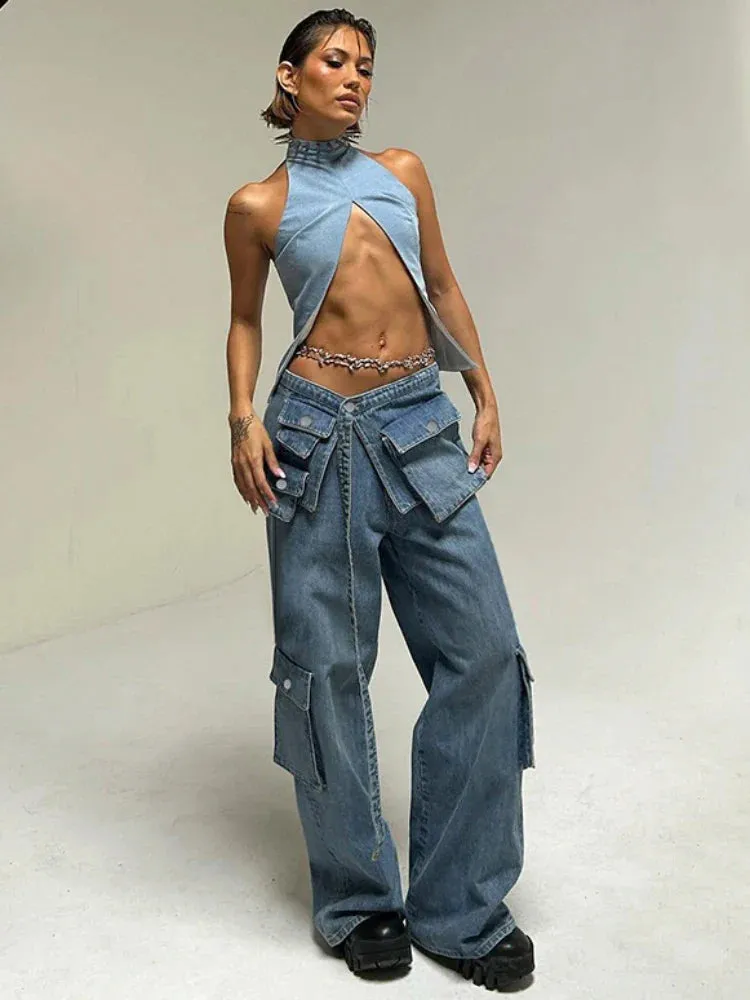 Up Casual High Baggy Oversized Street Denim Blue Pockets Waisted Bandage Lace Pants