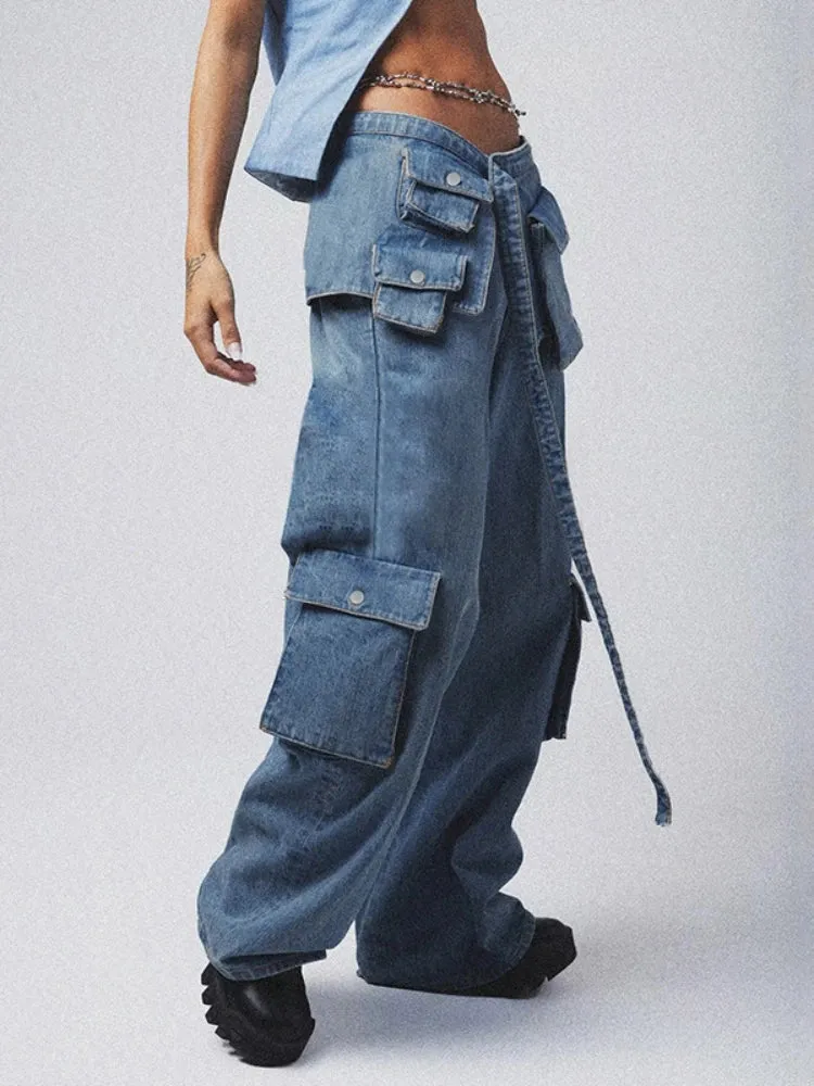 Up Casual High Baggy Oversized Street Denim Blue Pockets Waisted Bandage Lace Pants