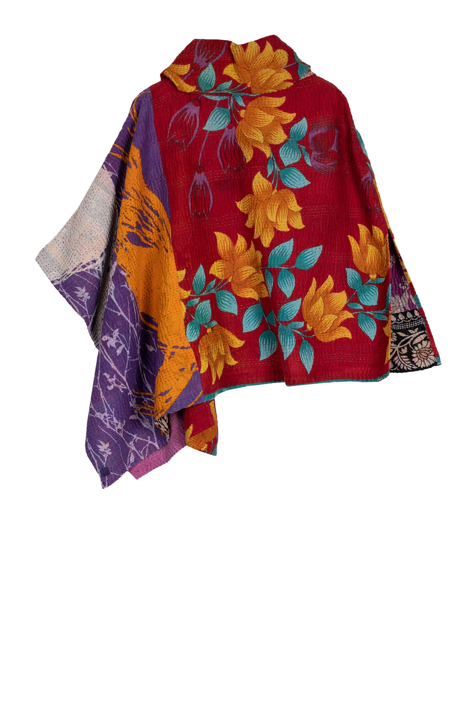 VINTAGE COTTON KANTHA COWL NECK LONG CAPE - cv4842-mlt -