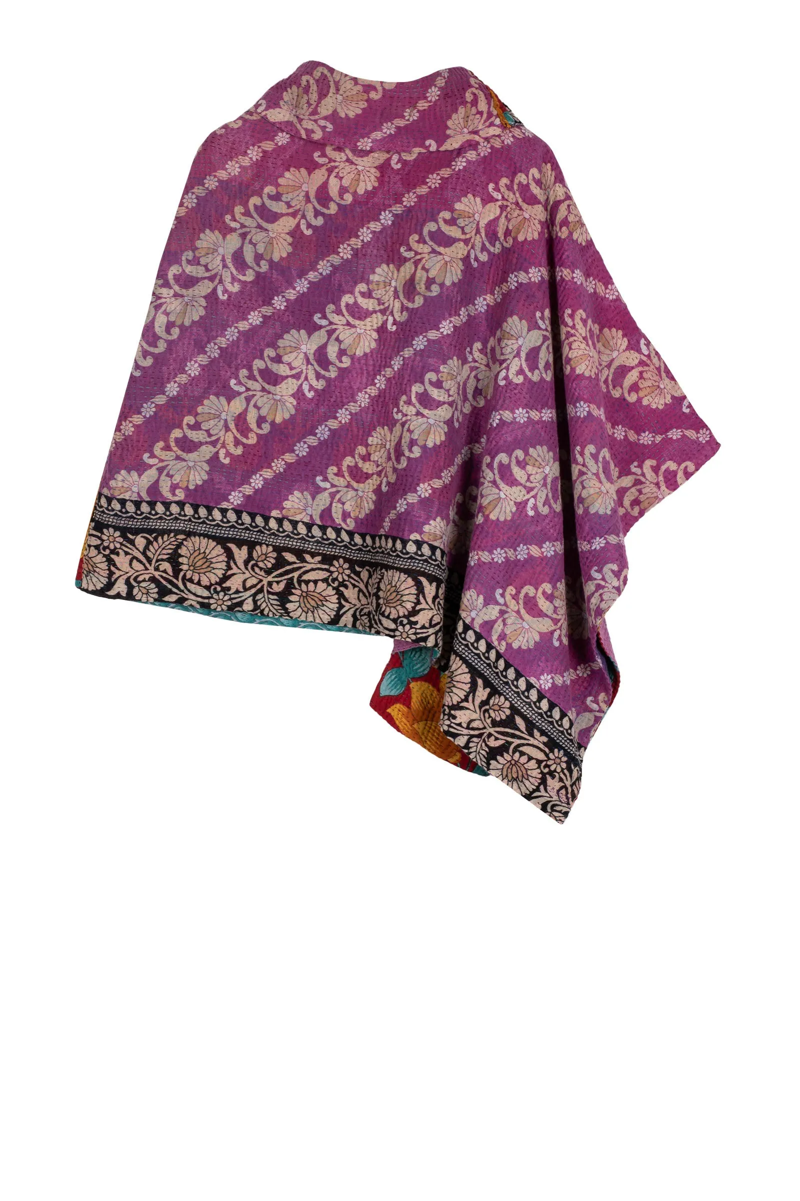 VINTAGE COTTON KANTHA COWL NECK LONG CAPE - cv4842-mlt -