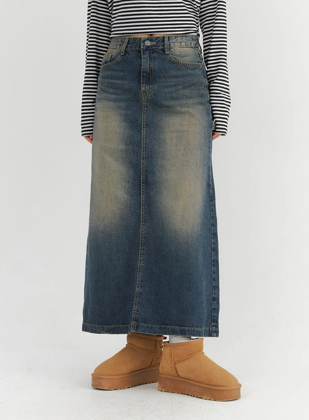 Vintage Washed Denim Maxi Skirt CO324