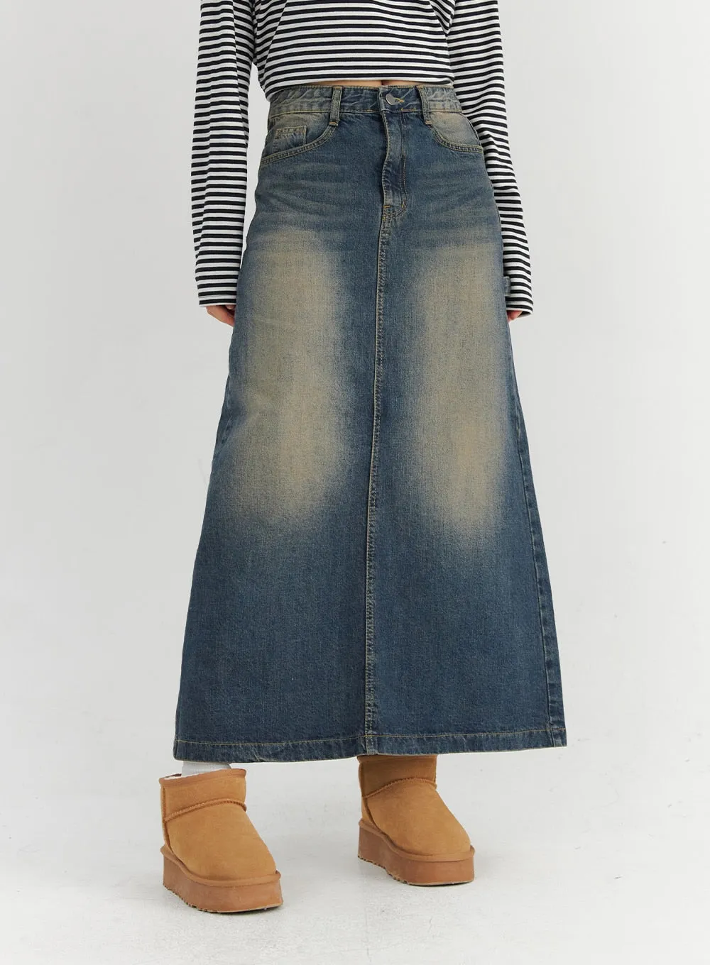 Vintage Washed Denim Maxi Skirt CO324