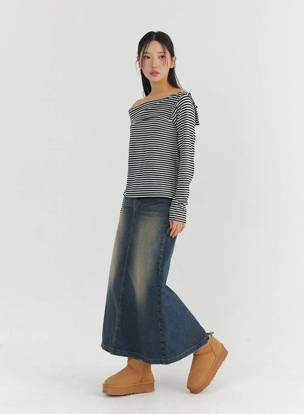 Vintage Washed Denim Maxi Skirt CO324