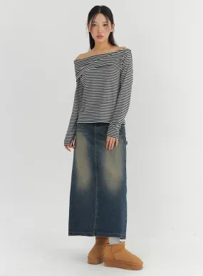 Vintage Washed Denim Maxi Skirt CO324