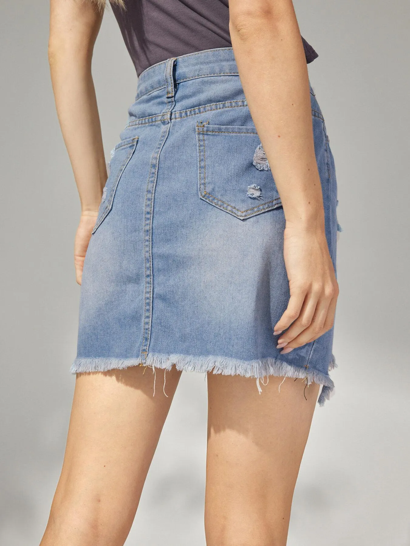 Washed Ripped Raw Hem Denim Skirt