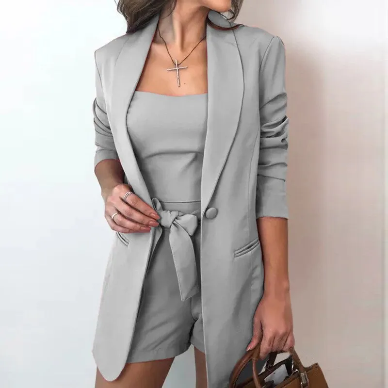 Wenkouban 3pcs/Set Office Lady Outfits Long Sleeve Blazer Set Women Solid Color Blazer Coat Shorts Vest Set Woman Sexy Suit Summer Clothes