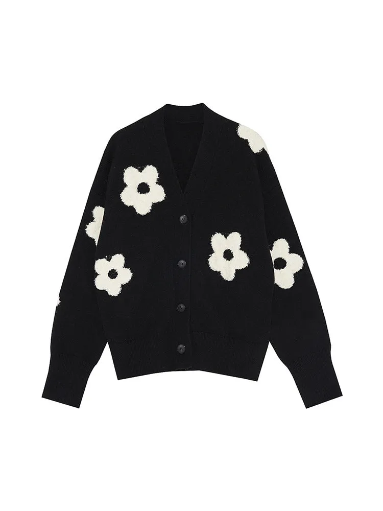 Wenkouban work outfits women Autumn and Winter V-neck  Flower Sweater Cardigan Sweater Coat