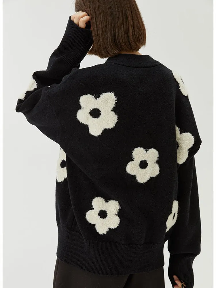 Wenkouban work outfits women Autumn and Winter V-neck  Flower Sweater Cardigan Sweater Coat