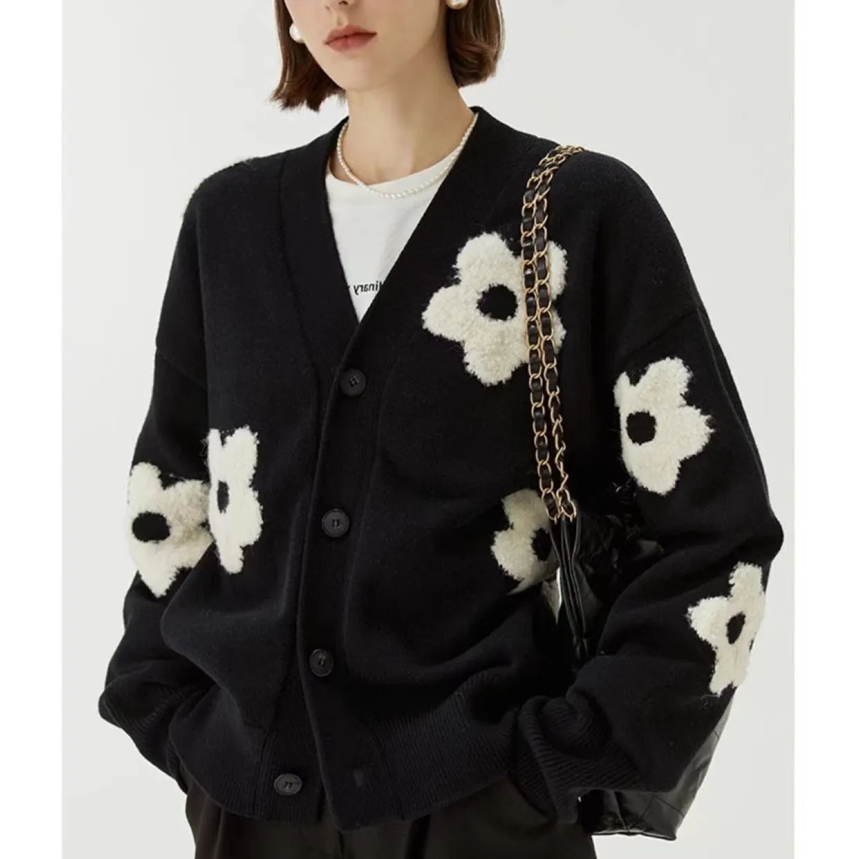 Wenkouban work outfits women Autumn and Winter V-neck  Flower Sweater Cardigan Sweater Coat