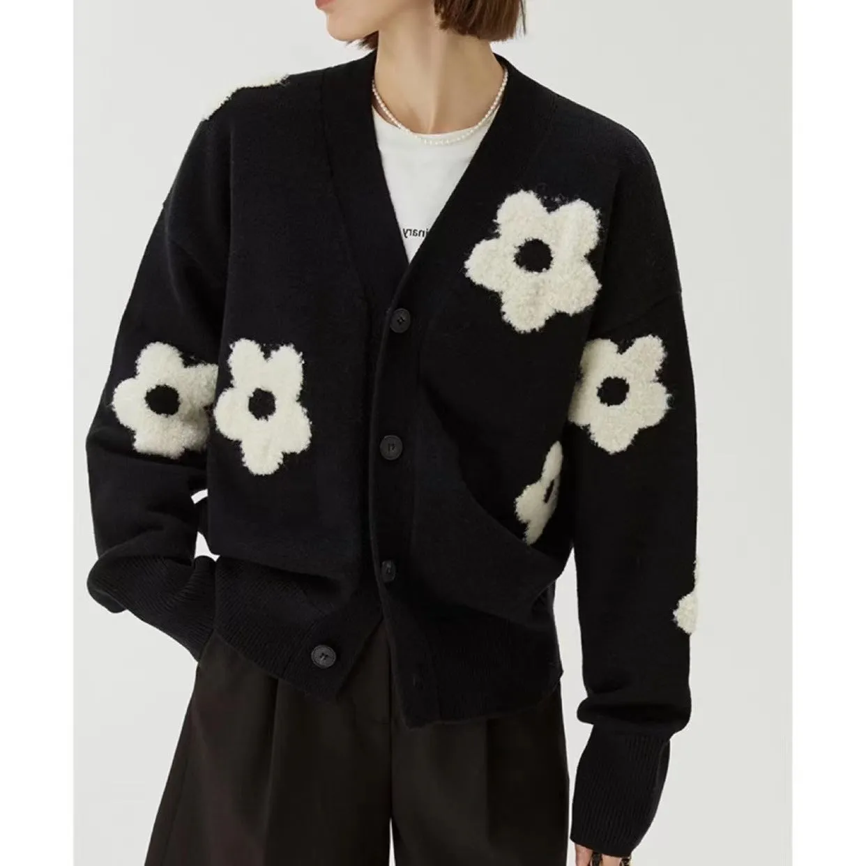 Wenkouban work outfits women Autumn and Winter V-neck  Flower Sweater Cardigan Sweater Coat