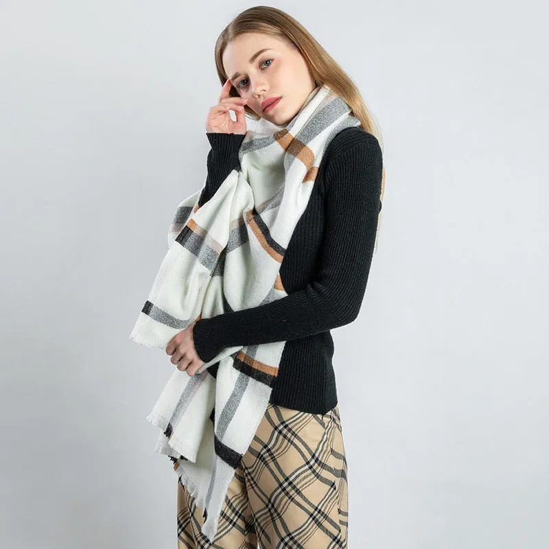 White Plaid Scarf Women Cashmere Autumn Winter Thickened Warm Shawl Scarfs