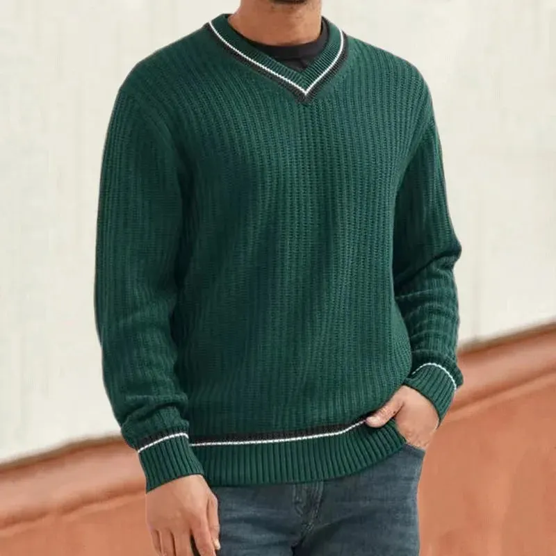 Wiaofellas  -  Fashion Color Blocking Knit Men Sweater Autumn Winter V-neck Long Sleeve Pullover Slim Fit High Quality Sweater Men's Clothing