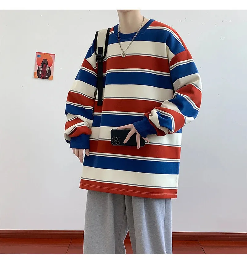 WIAOFELLAS  -  Vintage Oversize Hoodies Men Stripe Long Sleeved Casual Loose Top Coat Spring  Autumn Fashion Sweatshirt Unisex Pullover Street