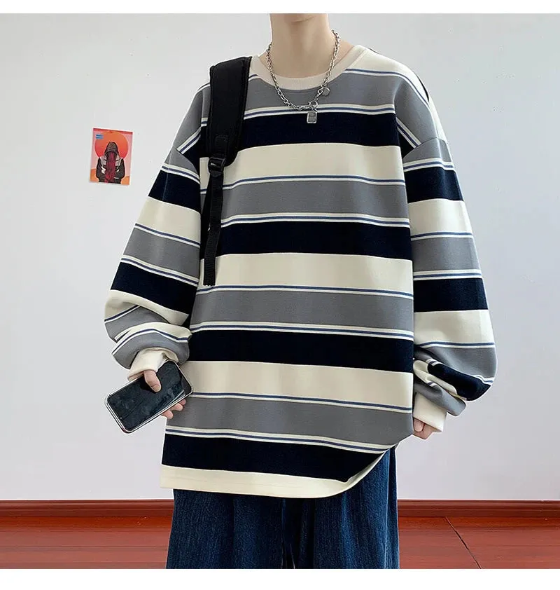 WIAOFELLAS  -  Vintage Oversize Hoodies Men Stripe Long Sleeved Casual Loose Top Coat Spring  Autumn Fashion Sweatshirt Unisex Pullover Street