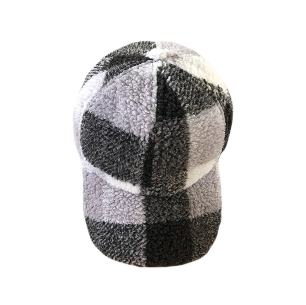 Winter Warm Check Baseball Cap Faux Lamb Wool Teddy Fleece Adjustable Outdoor Cap YZ10223