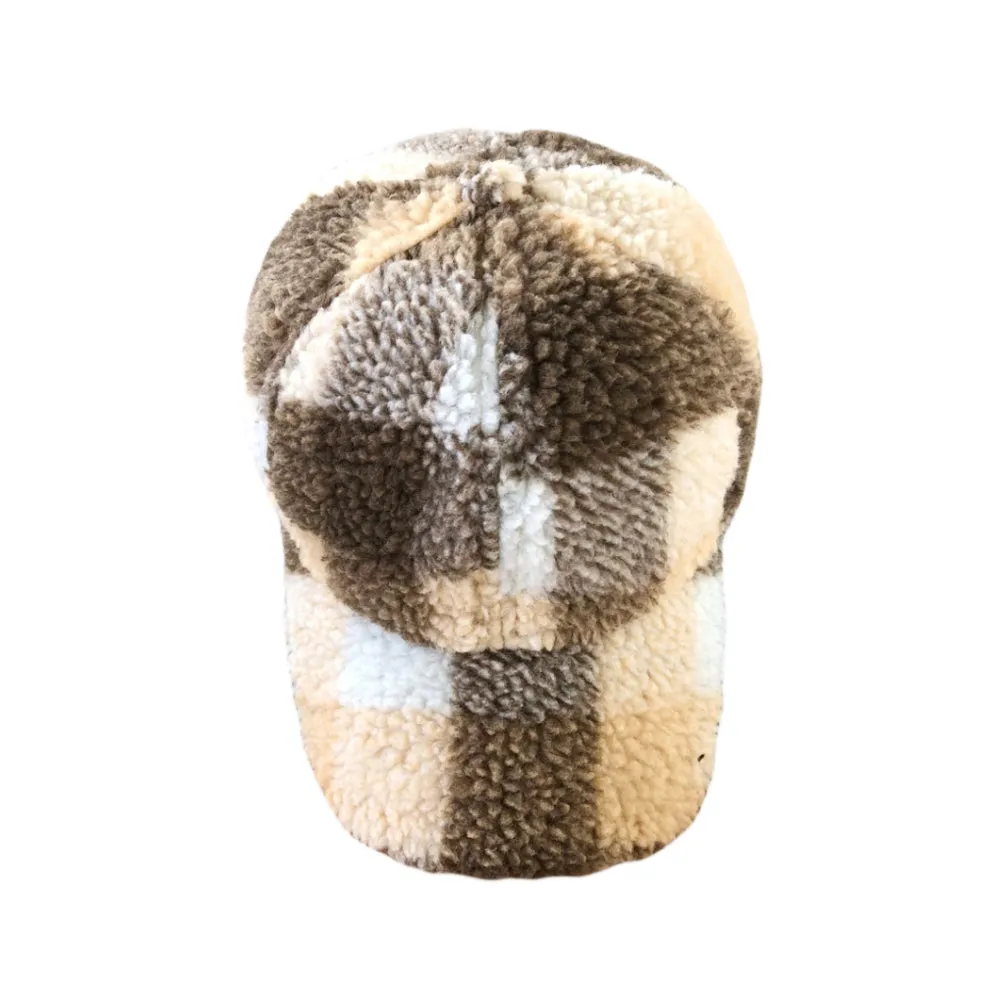 Winter Warm Check Baseball Cap Faux Lamb Wool Teddy Fleece Adjustable Outdoor Cap YZ10223