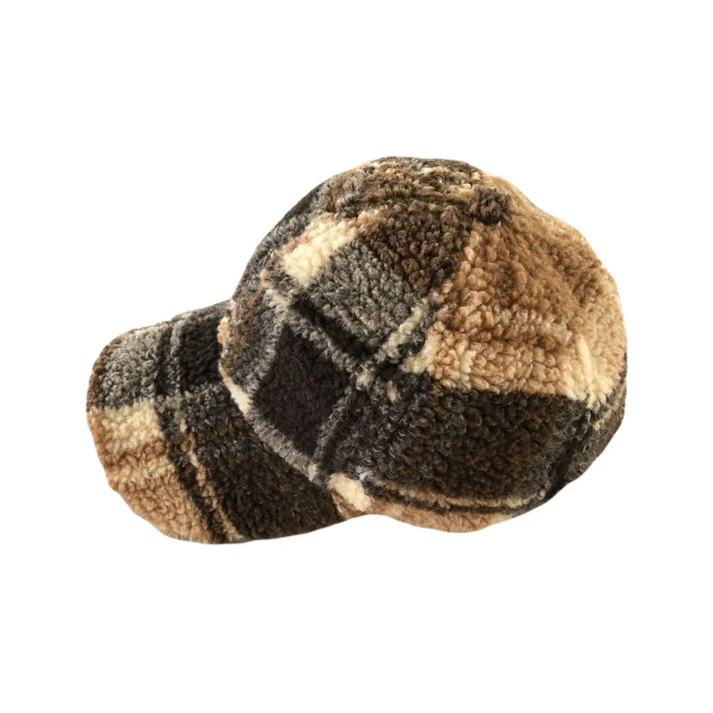 Winter Warm Check Baseball Cap Faux Lamb Wool Teddy Fleece Adjustable Outdoor Cap YZ10223