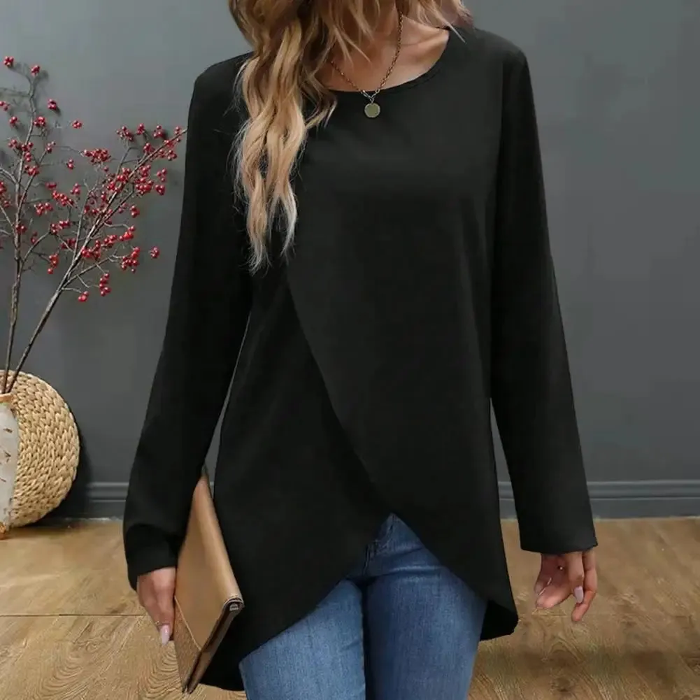 Women Irregular Hem Round Neck Long Sleeve Trendy Solid Color Blouse