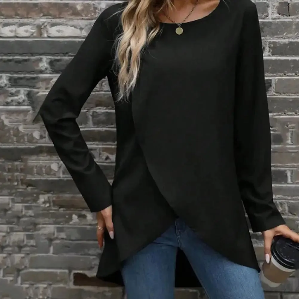 Women Irregular Hem Round Neck Long Sleeve Trendy Solid Color Blouse