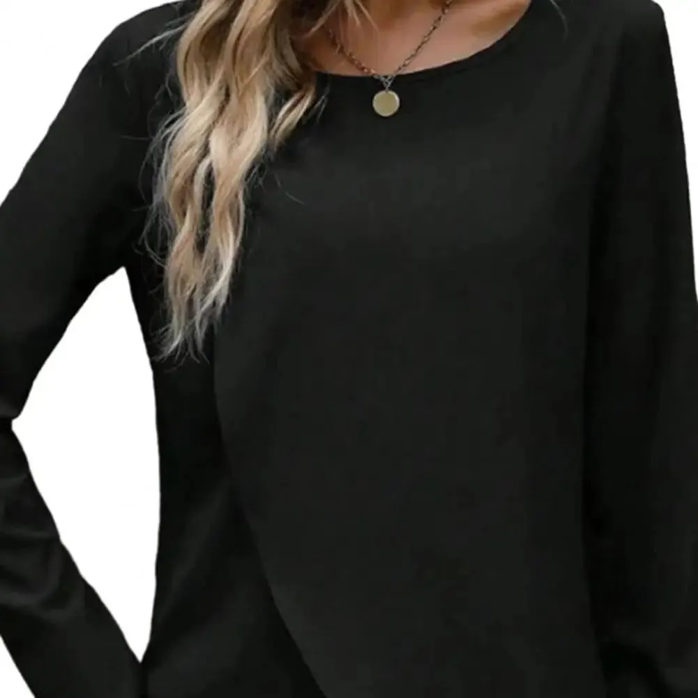 Women Irregular Hem Round Neck Long Sleeve Trendy Solid Color Blouse