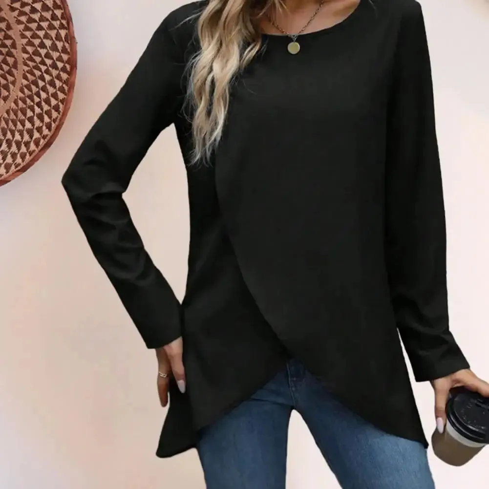 Women Irregular Hem Round Neck Long Sleeve Trendy Solid Color Blouse