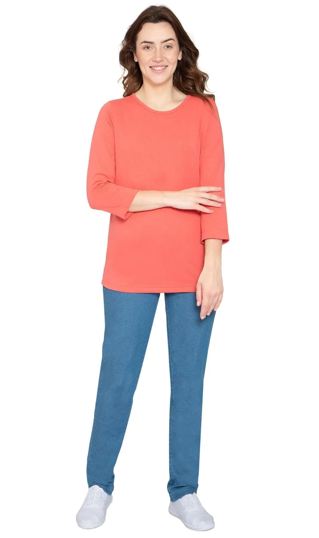 Women's 3/4 Sleeve Crew Neck Top – Comfortable Jersey Knit to Dress Up or Down